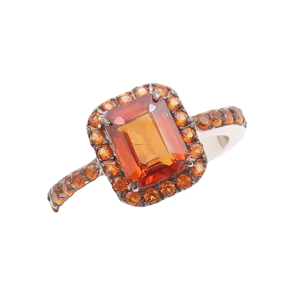 925 Sterling Silver Vintage Ring Rectangle Cut Halo Orange Sapphire Sz 7 RG29263 - Picture 1 of 8
